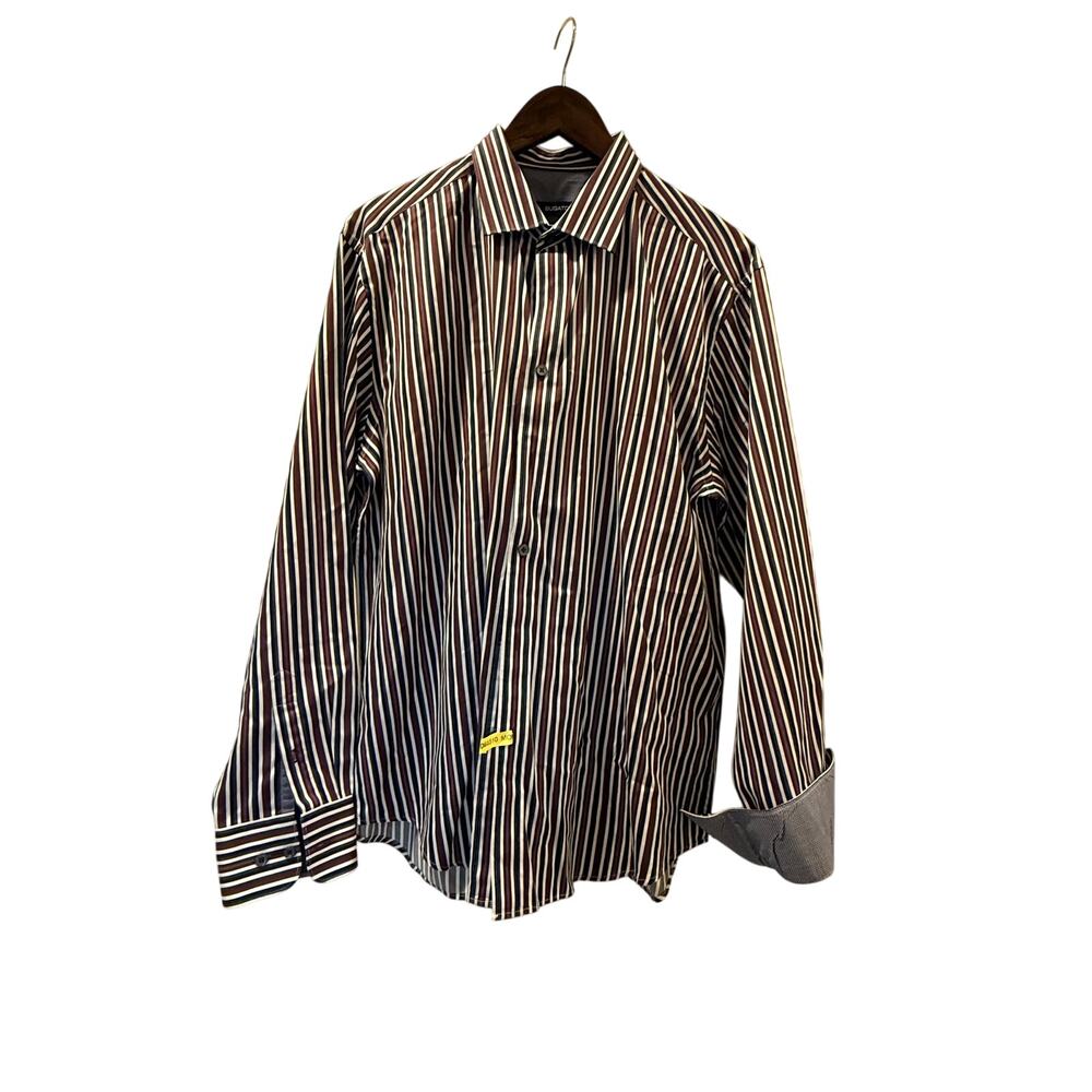Bugatchi Shaped Fit long-sleeve dress shirt, multicolor vertical stripe pattern
